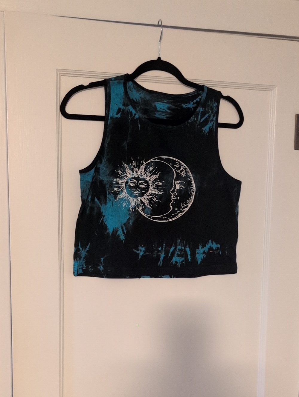 Sun & Moon Tie-Dye Crop Tank Top - Black & Teal